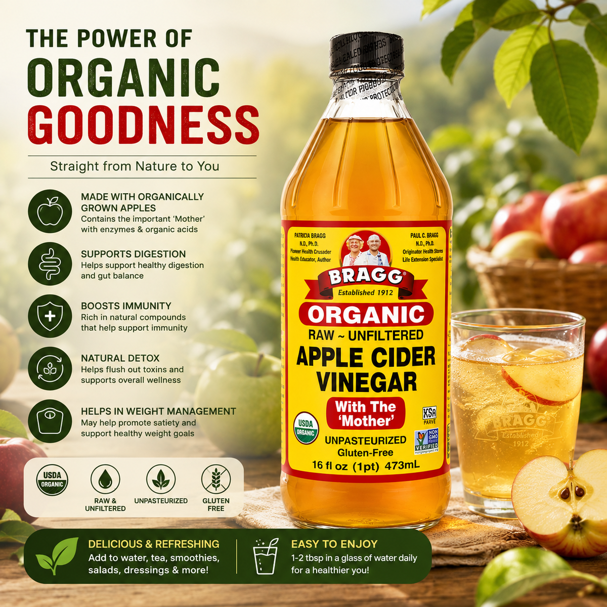 Bragg Organic Apple Cider Vinegar 473ml – Raw & Unfiltered | Imported from USA