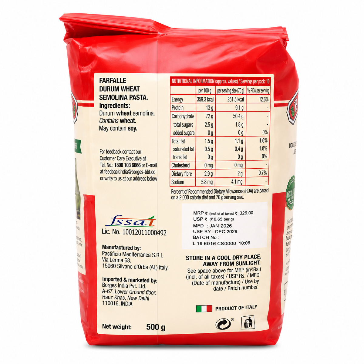 Borges Farfalle 100% Durum Wheat Pasta – Bronze-Cut, 500g | Imported from Italy