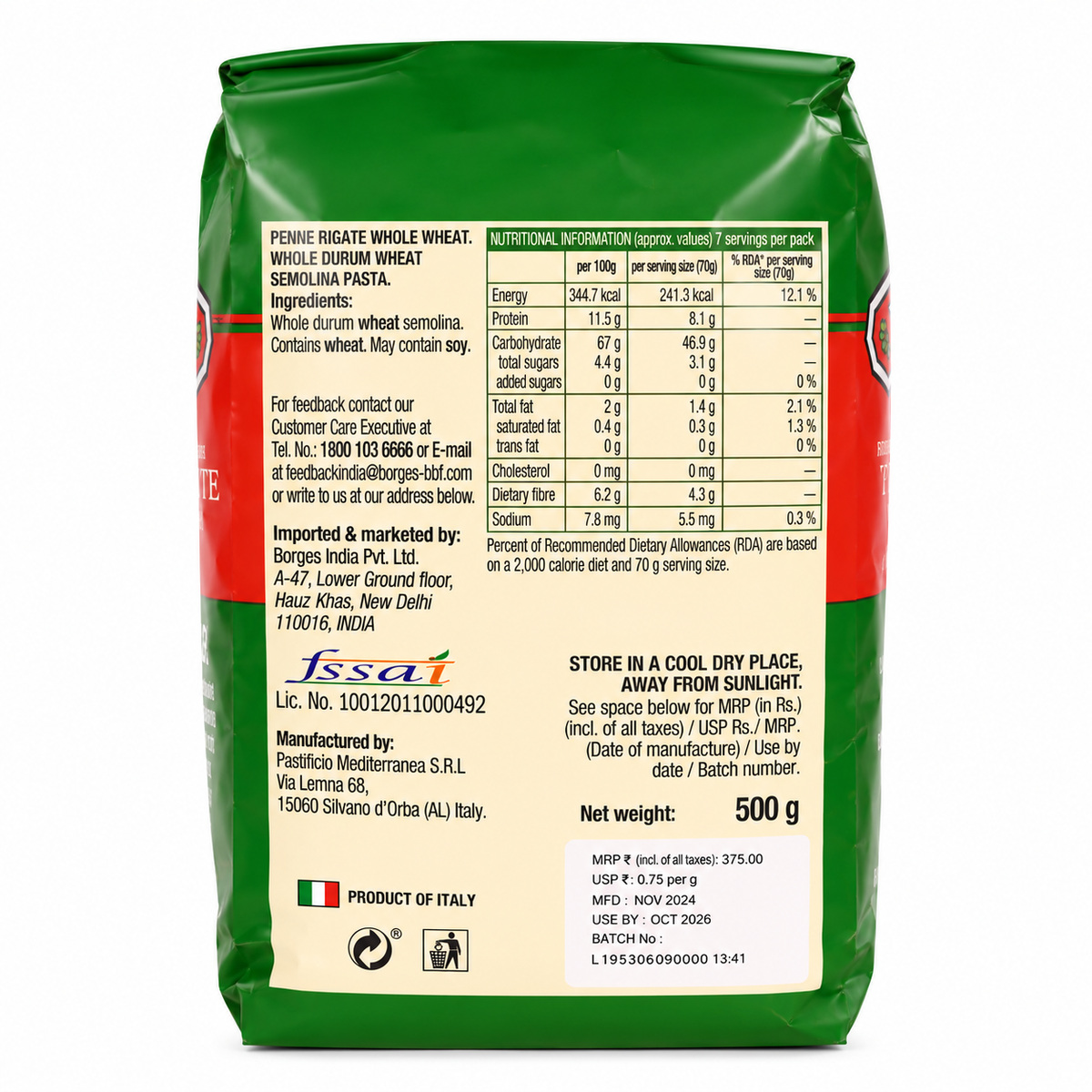Borges Penne Rigate Whole Wheat Pasta 500g – Imported from Italy