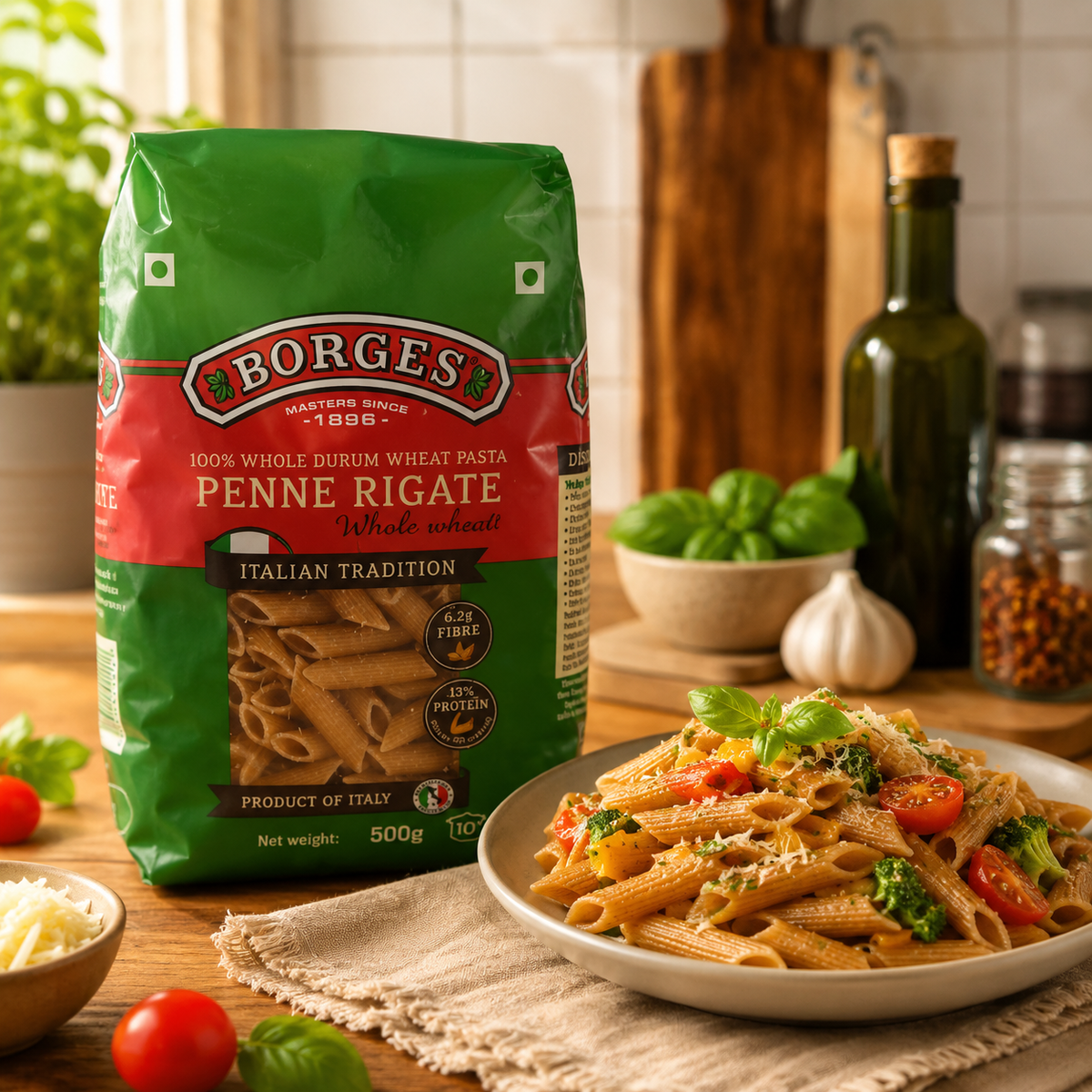 Borges Penne Rigate Whole Wheat Pasta 500g – Imported from Italy