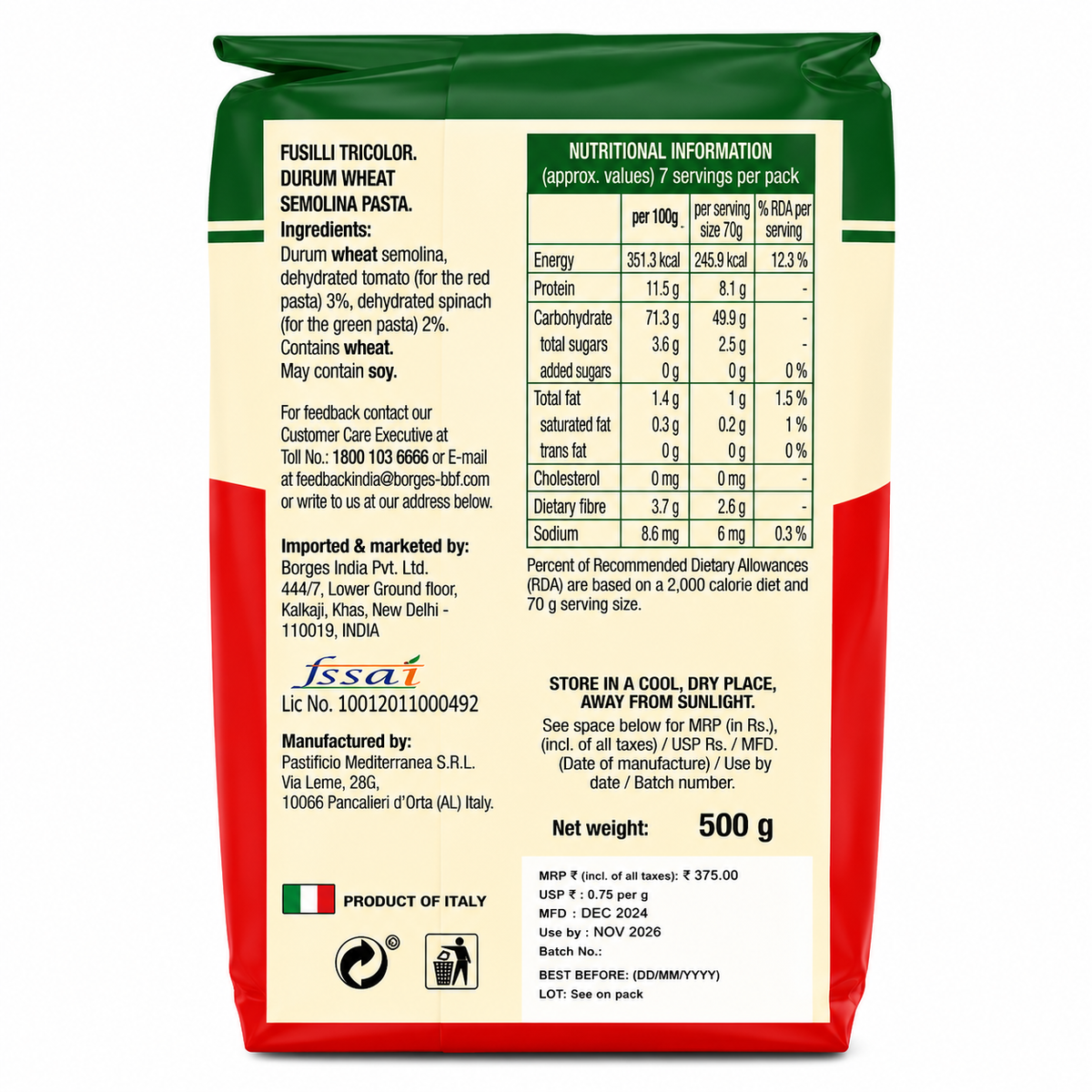 Borges Fusilli Tricolor Pasta 500g – Imported from Italy