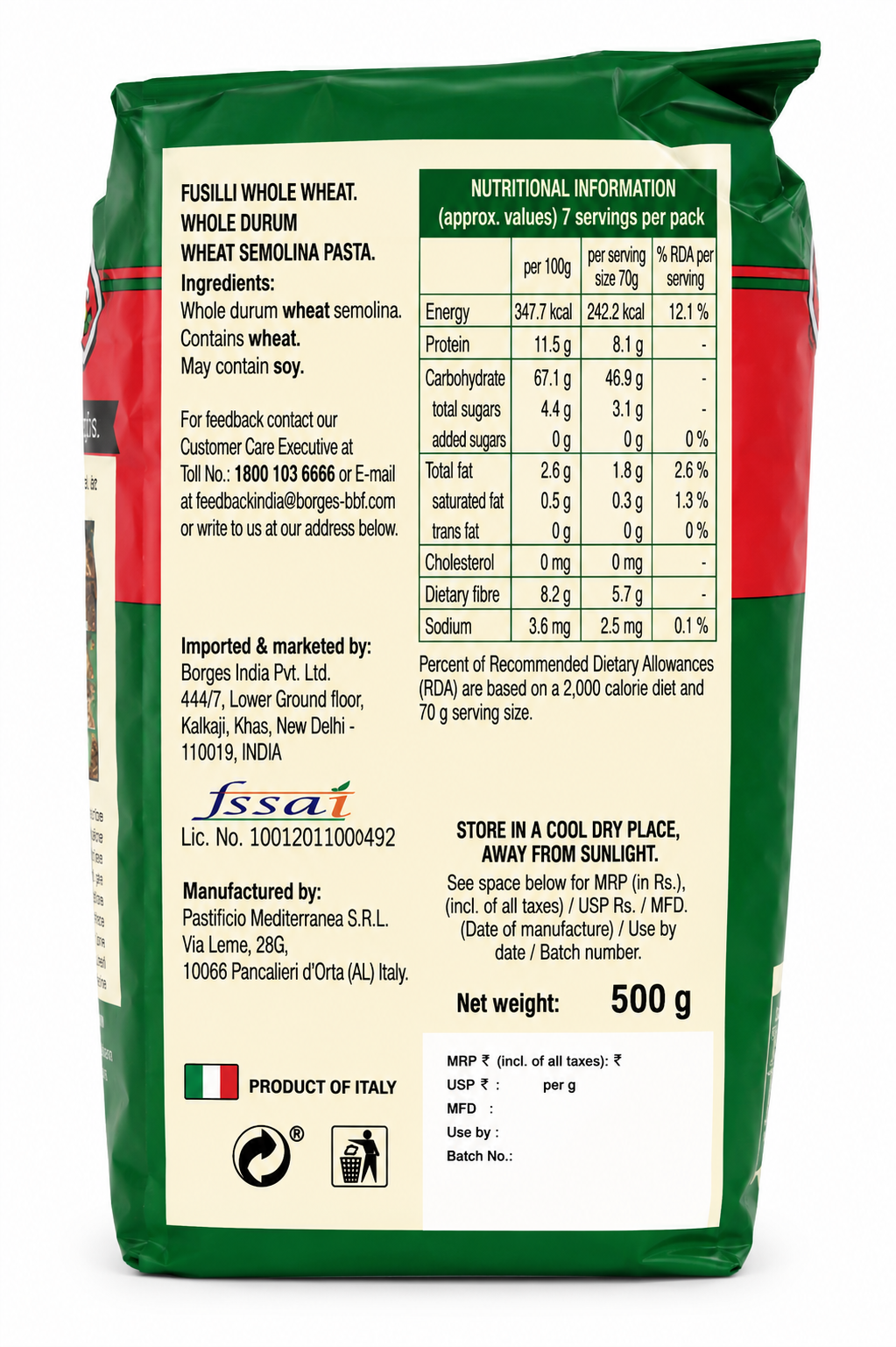 Borges Fusilli Whole Wheat Pasta 500g – Imported from Italy