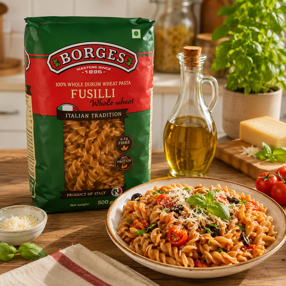Borges Fusilli Whole Wheat Pasta 500g – Imported from Italy
