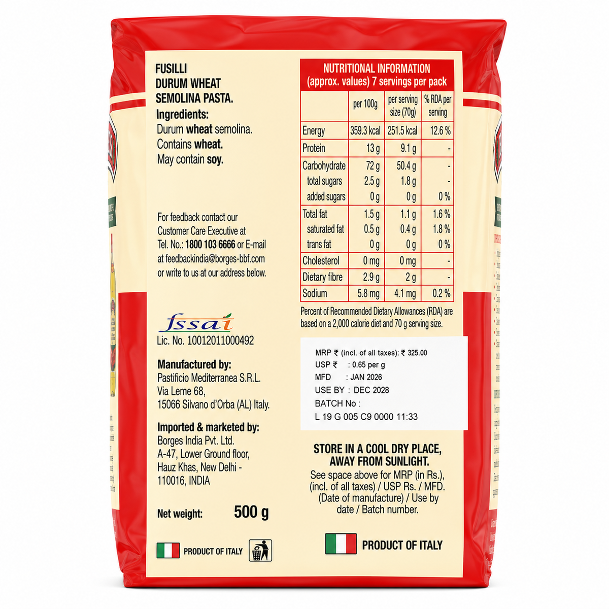 Borges Fusilli Bronze-Cut Pasta 500g – Imported from Italy