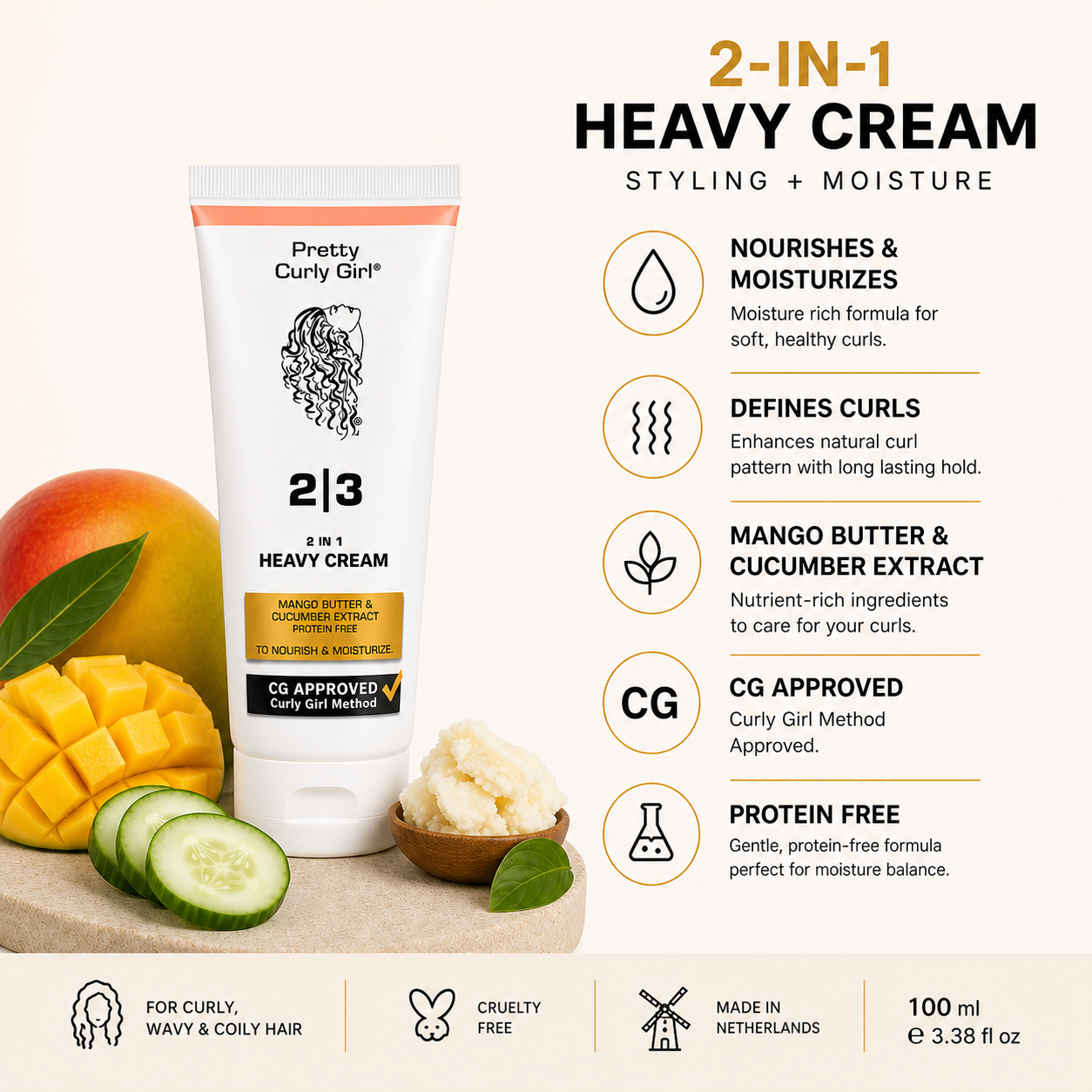 Pretty Curly Girl 2|3 Heavy Cream – 2-in-1 Moisturizing Curl Cream 100ML (Protein-Free, CG Approved)
