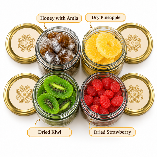 Gift Hamper with Imported Dried Fruits Box – 4 Glass Jars