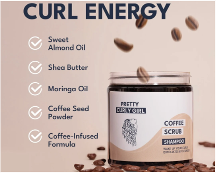 Pretty Curly Girl Coffee Scrub Shampoo, Exfoliates Scalp & Cleanses Hair, Anti-Dandruff, 250ml, Made in Netherlands