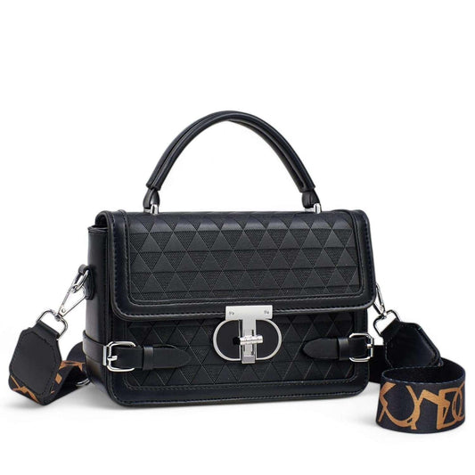 POUCHETTE Tuff Series Quilted Handbag, Black Faux Leather Satchel, Structured Sling with Adjustable Strap (White)