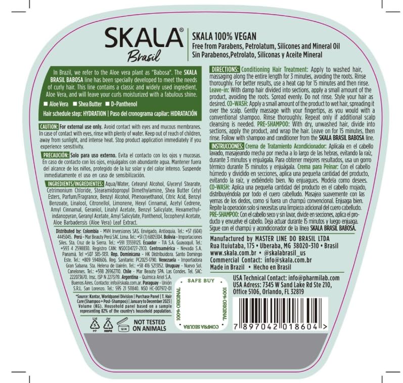 SKALA Brasil Babosa  2-in-1 Treatment Cream and Leave-in for Hydration and Shine for Curly Hair, Aloe Vera and Shea Butter 1000g