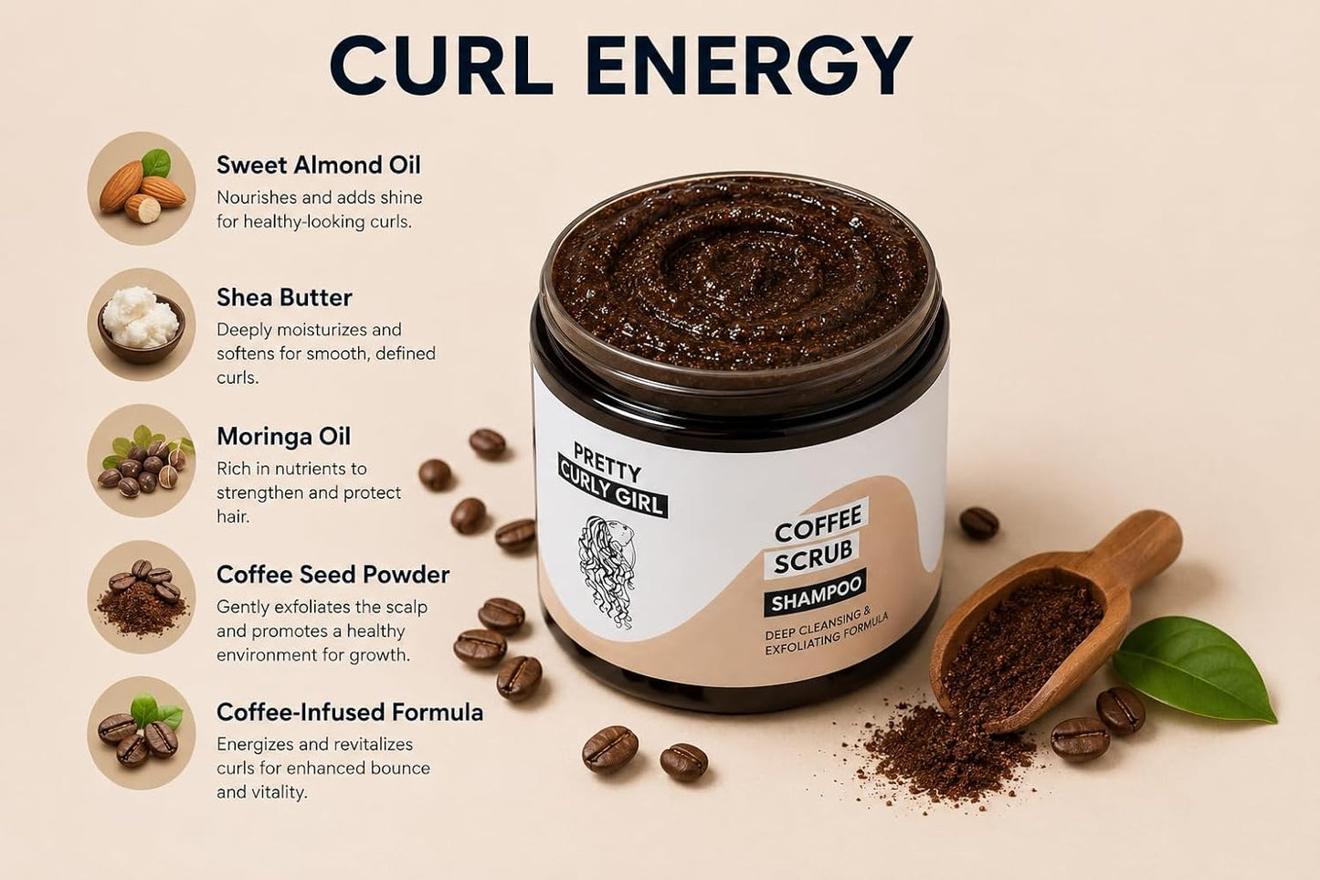 Pretty Curly Girl Coffee Scrub Shampoo, Exfoliates Scalp & Cleanses Hair, Anti-Dandruff, 250ml, Made in Netherlands
