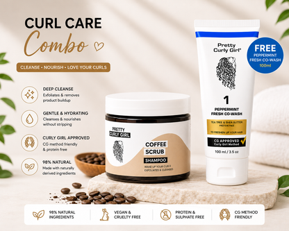 Pretty Curly Girl® Buy 1 Get 1 Curl Care Combo – Coffee Scrub Shampoo 250ml & Peppermint Fresh Co-Wash 100ml | CG Approved Curly Hair Care Set