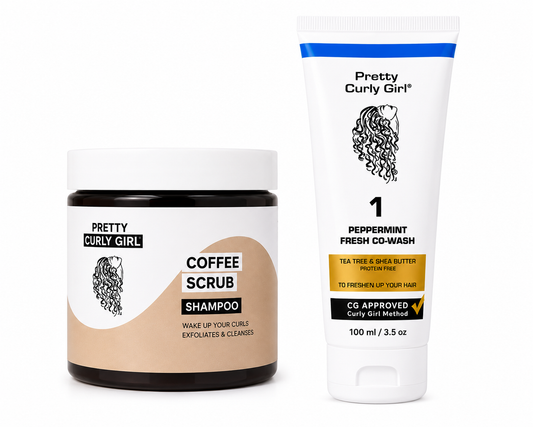 Pretty Curly Girl® Buy 1 Get 1 Curl Care Combo – Coffee Scrub Shampoo 250ml & Peppermint Fresh Co-Wash 100ml | CG Approved Curly Hair Care Set