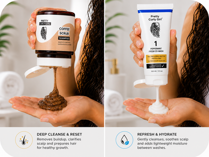 Pretty Curly Girl® Buy 1 Get 1 Curl Care Combo – Coffee Scrub Shampoo 250ml & Peppermint Fresh Co-Wash 100ml | CG Approved Curly Hair Care Set