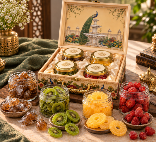 Gift Hamper with Imported Dried Fruits Box – 4 Glass Jars